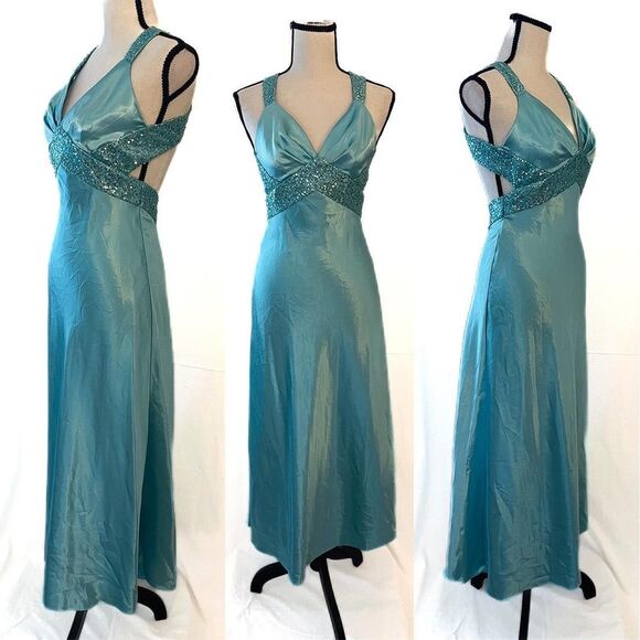 Jessica McClintock Satin Sequin Gown | Aqua Blue Vintage - Picture 2 of 6